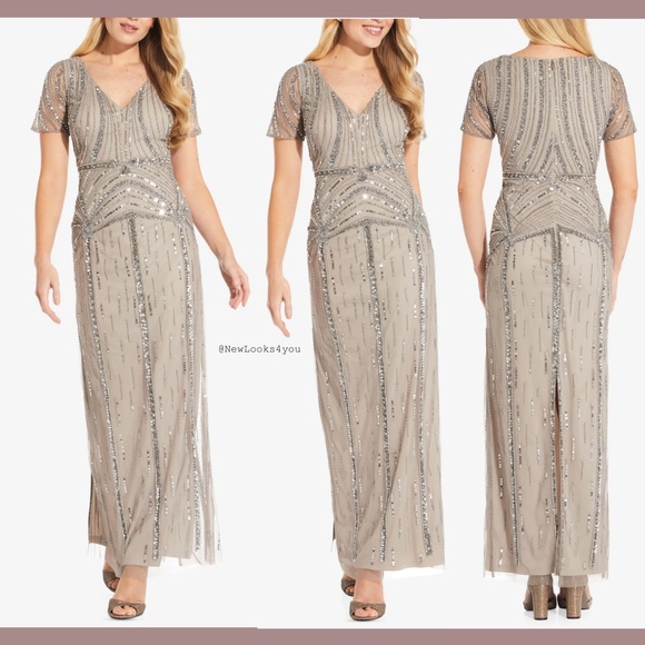 NWT Adrianna‎ Papell Art Deco Beaded V-Neck Gown 0 - Picture 1 of 12